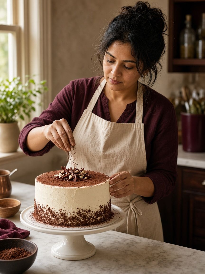 Priyanka carefully finishing a celebration cake